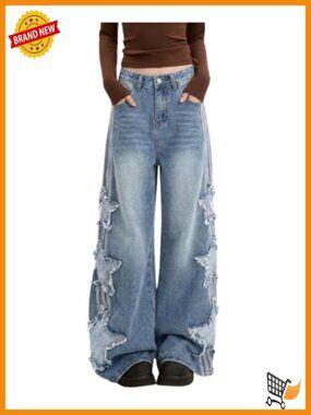 High Waisted Baggy Wide Leg Star Jeans Y2K Grunge Denim Pants